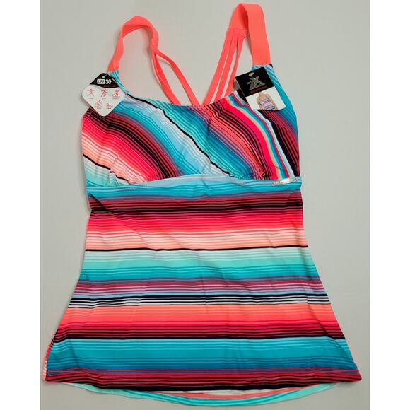 ZeroXposur Tankini Swimsuit Top Coral Teal Navy Stripe Cross Back Women Sz 8 NWT - Picture 1 of 7